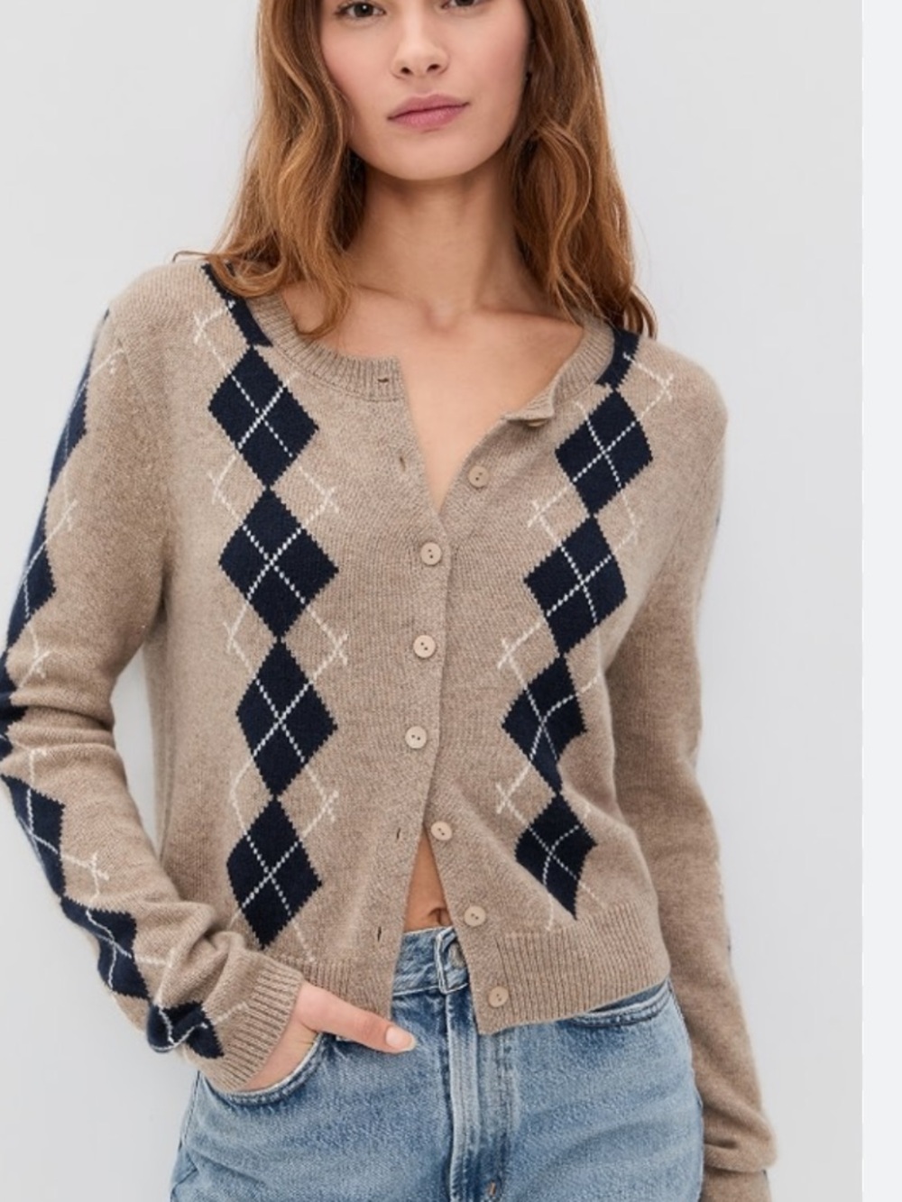 Reformation Tan Argyle Button-Front Cardigan with Navy